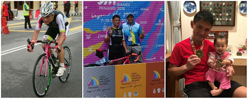 メダルを目指して疾走。アジアパシフィックマスターズ2018ペナン大会の自転車競技で２冠達成、帰国後、孫との記念撮影。