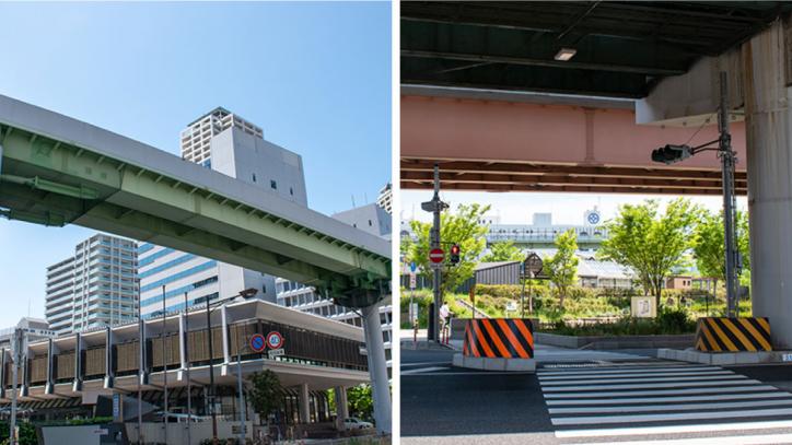 <font color='blue' size='2'>ポートライナーの高架橋（左写真）に沿って南下し、阪神高速の高架下をくぐれば（右写真）、目的地のみなとのもり公園</font>